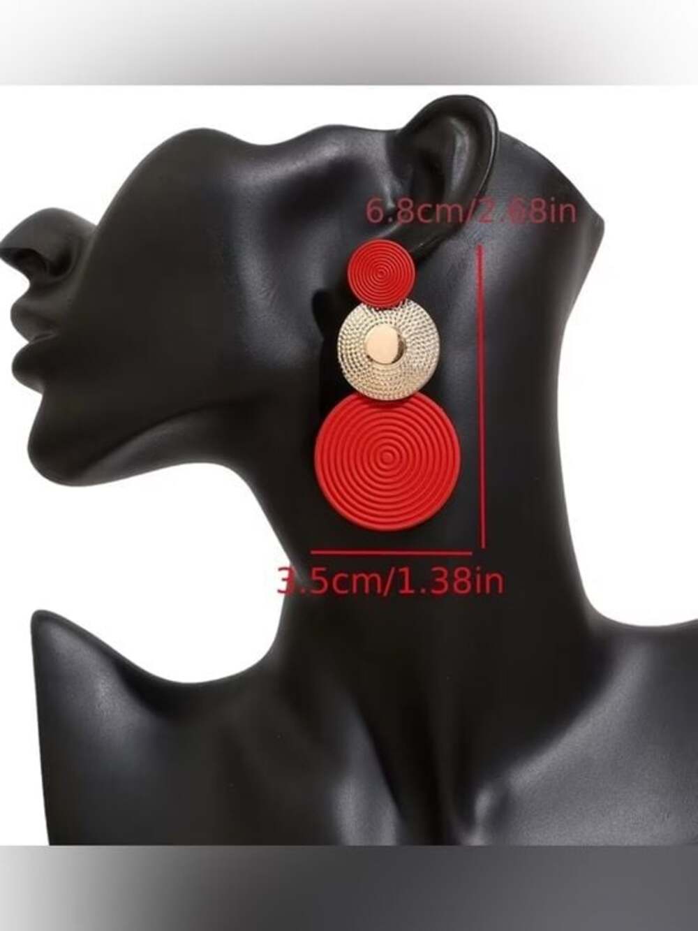 Bold Red Triple-Drop Earrings with Textured Gold Disc - Picture 3 of 4